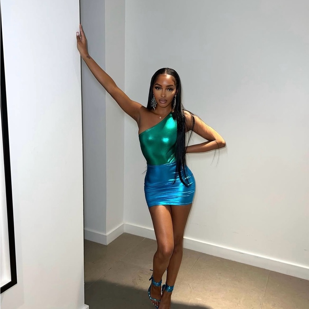 One-Shoulder Green and Blue Dress
